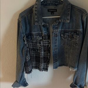Blue Denim Jacket with Black Tweed Accent